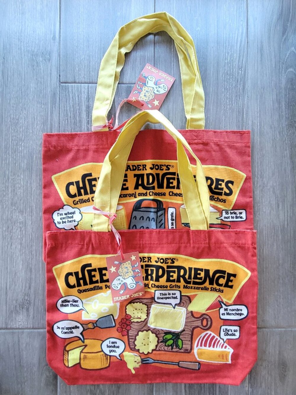 SET OF 2 TRADER JOE'S JOES CHEESE ADVENTURES GROCERY BAGS 100% COTTON HEAVY DUTY